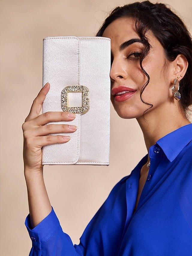 Women's White Satin Clutch with Rhinestone Buckle - Elegant