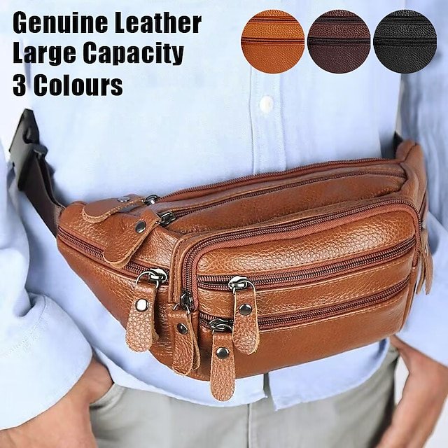 bqiqov1699531790912 Men's Black Leather Waist Bag with Multiple Zippered - Image 1