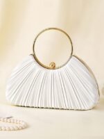 Green Elegant Pleated Velvet Clutch with Gold Ring Handle - - Image 9