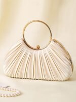Green Elegant Pleated Velvet Clutch with Gold Ring Handle - - Image 5