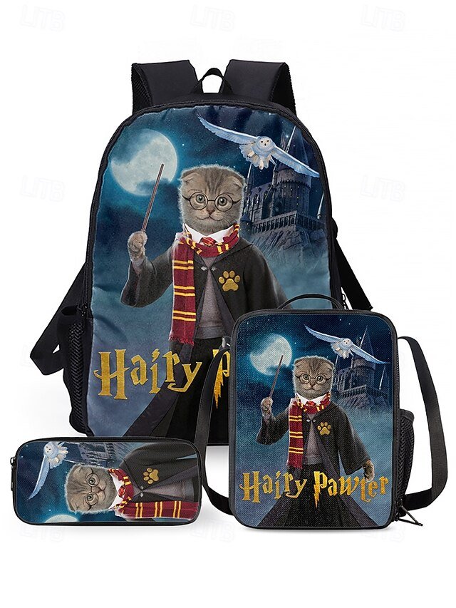 curebu1748945464358 Kids' 3-Piece Wizard Cat Backpack Set – Fantasy Cat Print - Image 1