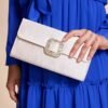 Women's White Satin Clutch with Rhinestone Buckle - Elegant
