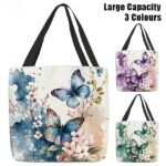 Women's Butterfly Print Canvas Tote Bag with Floral Design,