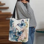 Women's Butterfly Print Canvas Tote Bag with Floral Design, - Image 2