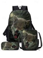 Men's 3-Piece Wolf Design Backpack Set - Durable, Trendy