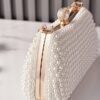Women's Pearl Beaded Evening Clutch Bag with Gold Handle,