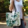 Women's Butterfly Print Canvas Tote Bag with Floral Design,