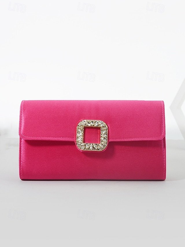 Women's White Satin Clutch with Rhinestone Buckle - Elegant