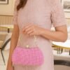 Women's Pearl Beaded Evening Clutch Bag with Gold Handle,
