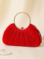 Green Elegant Pleated Velvet Clutch with Gold Ring Handle - - Image 12