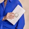 Women's White Satin Clutch with Rhinestone Buckle - Elegant