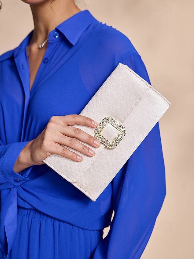 Women's White Satin Clutch with Rhinestone Buckle - Elegant