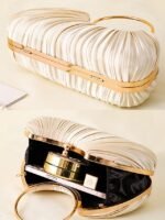 Green Elegant Pleated Velvet Clutch with Gold Ring Handle - - Image 6