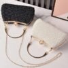 Women's Pearl Beaded Evening Clutch Bag with Gold Handle,