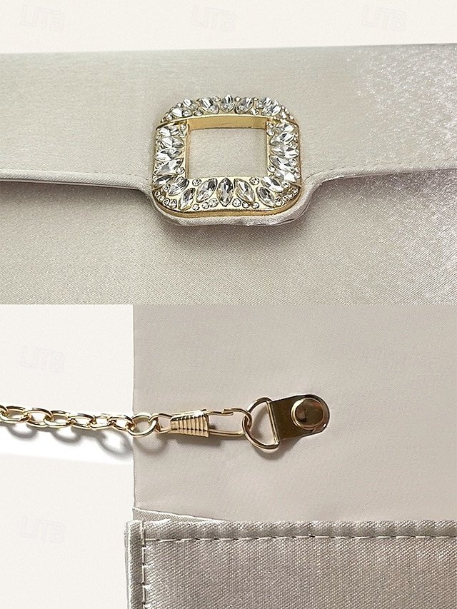 Women's White Satin Clutch with Rhinestone Buckle - Elegant