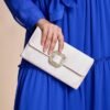 Women's White Satin Clutch with Rhinestone Buckle - Elegant