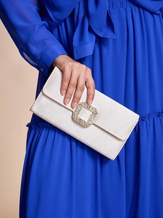 Women's White Satin Clutch with Rhinestone Buckle - Elegant