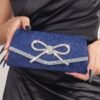 Blue Glitter Clutch Purse with Rhinestone Bow Accent, Elegant