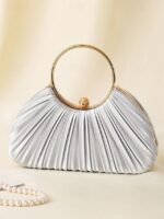 Green Elegant Pleated Velvet Clutch with Gold Ring Handle - - Image 10