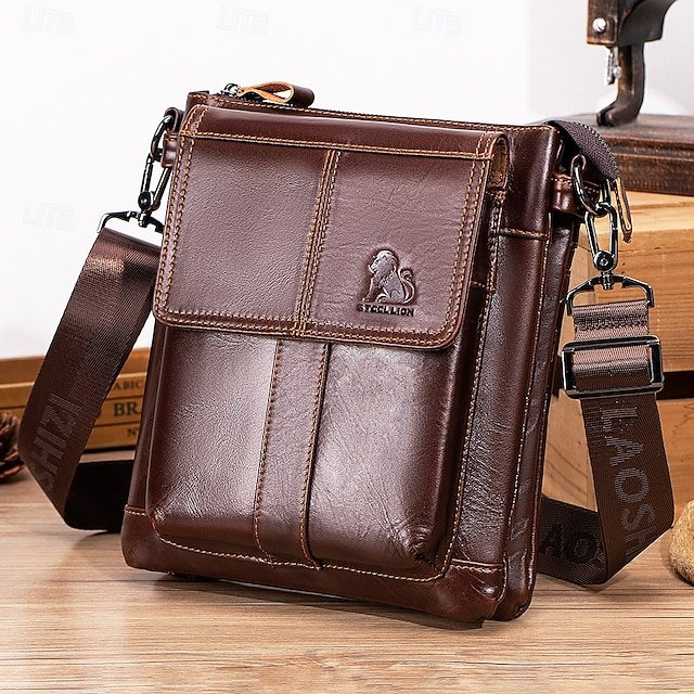 nbgieu1738895455116 Men's Crossbody Bag Cowhide Daily Zipper Solid Color Black - Image 1