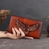Women's Genuine Leather Long Wallet with Carved Eagle