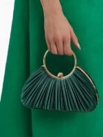 Green Elegant Pleated Velvet Clutch with Gold Ring Handle - - Image 3