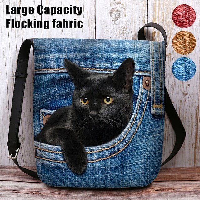 ooqlxv1699004378883 Cute Black Cat Denim Print Crossbody Bag – Casual Women's - Image 1