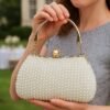 Women's Pearl Beaded Evening Clutch Bag with Gold Handle,