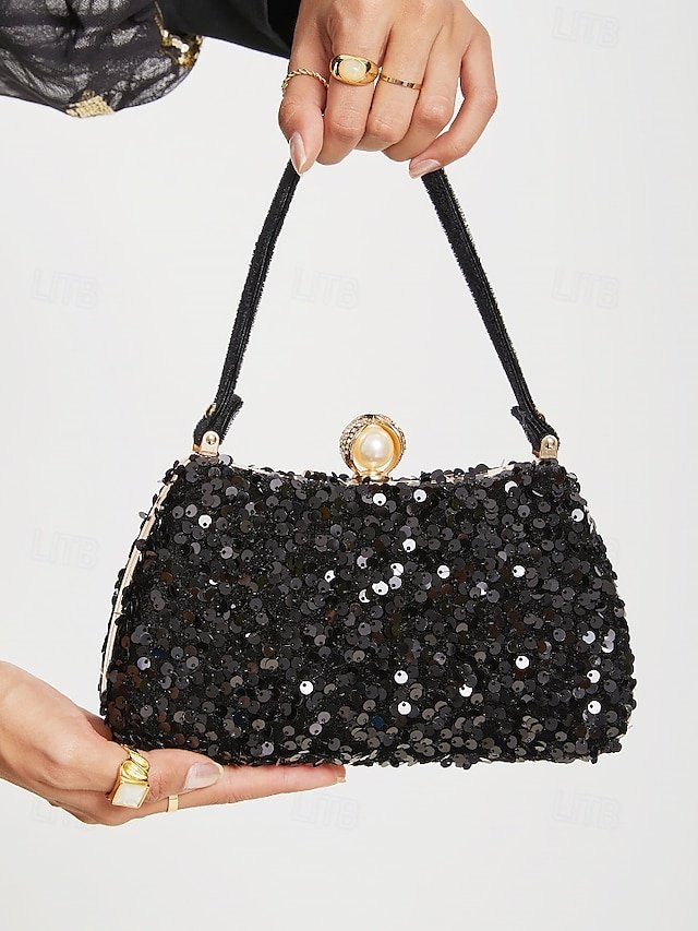 oyzxdq1727346507790 Women's Black Sequin Evening Clutch with Pearl Accent – - Image 1