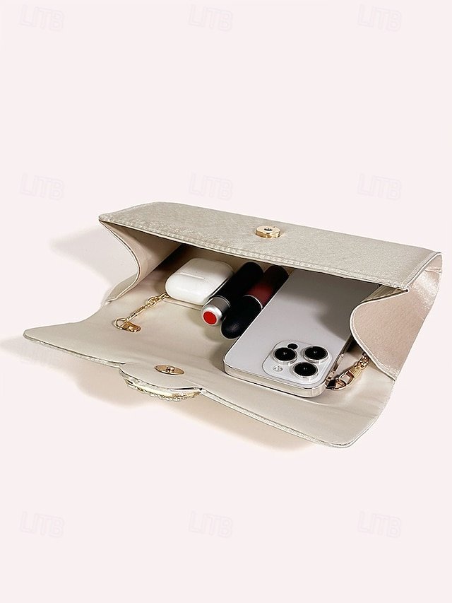 Women's White Satin Clutch with Rhinestone Buckle - Elegant