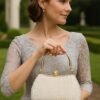 Women's Pearl Beaded Evening Clutch Bag with Gold Handle,