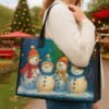 Women's Christmas Snowman Print Tote Bag, Large Capacity