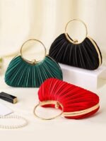 Green Elegant Pleated Velvet Clutch with Gold Ring Handle - - Image 2