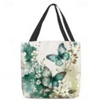 Women's Butterfly Print Canvas Tote Bag with Floral Design, - Image 10