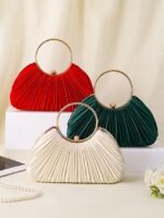 Green Elegant Pleated Velvet Clutch with Gold Ring Handle - - Image 13