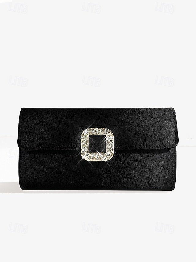 Women's White Satin Clutch with Rhinestone Buckle - Elegant