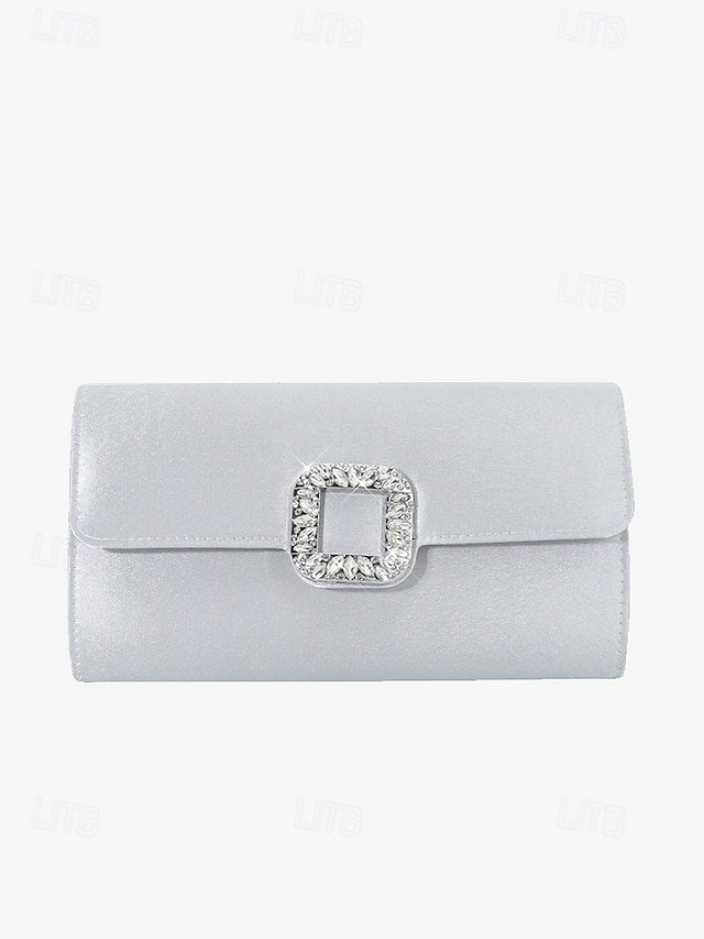 Women's White Satin Clutch with Rhinestone Buckle - Elegant