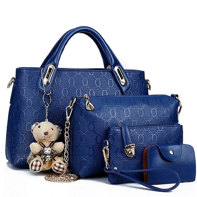 uommcd1674026443370 Women's 4-Piece Blue Handbag Set with Teddy Bear Charm - - Image 1