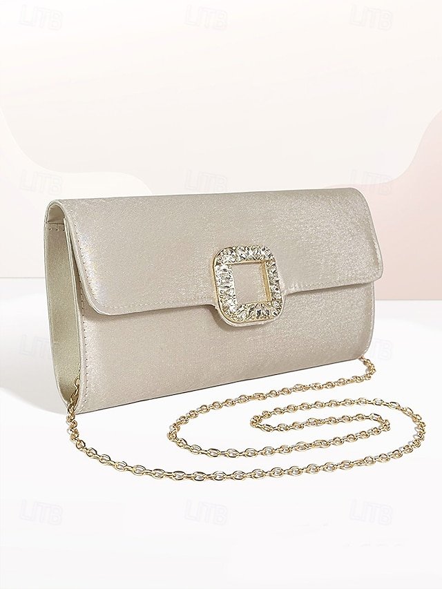 Women's White Satin Clutch with Rhinestone Buckle - Elegant