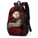 Large Capacity Animal Cat Print Backpack with Red Plaid Design - Image 5