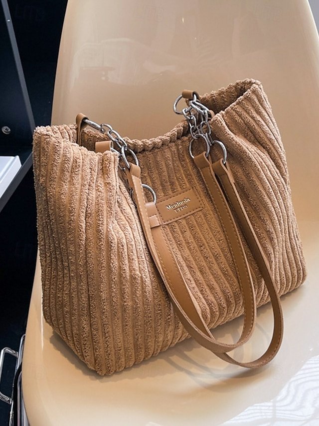 wzhrqw1758707144619 Women's Corduroy Tote Shoulder Bag with Leather Straps, - Image 1