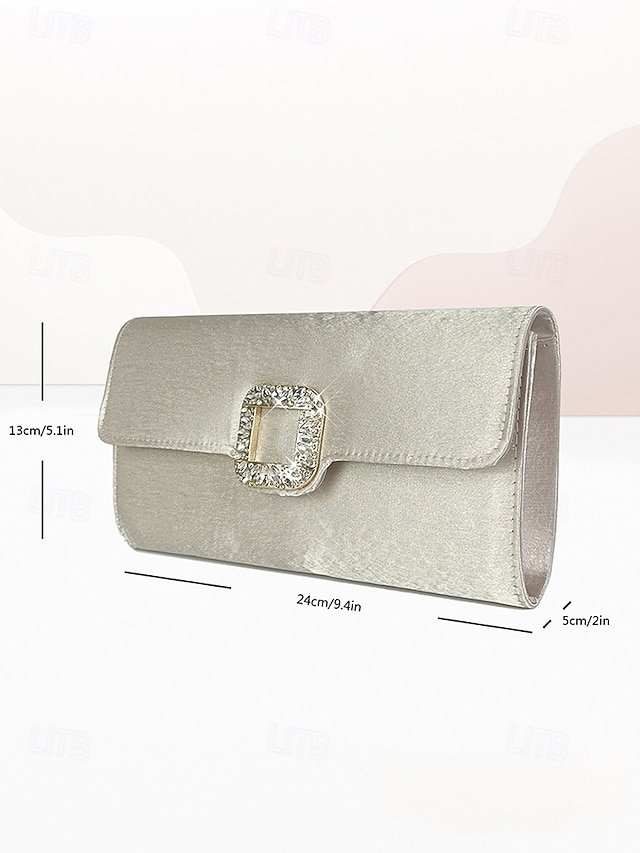 Women's White Satin Clutch with Rhinestone Buckle - Elegant