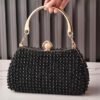 Women's Pearl Beaded Evening Clutch Bag with Gold Handle,